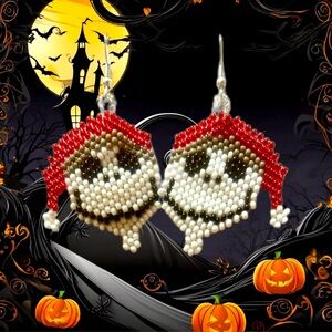 Hand Crafted Santa Hat Jack Skeleton Christmas Glass Seed Bead Earrings